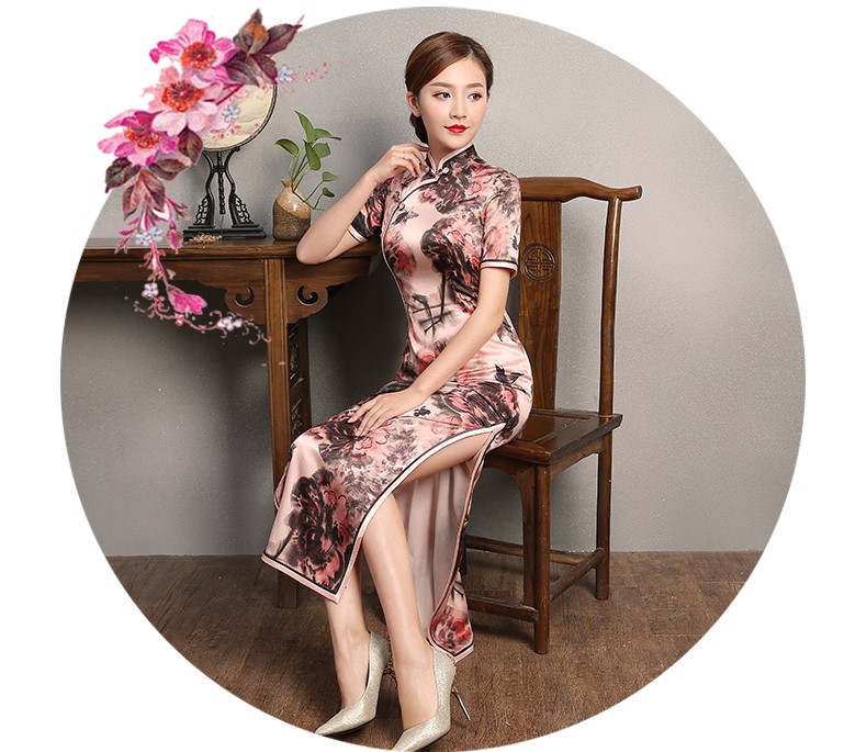 秋鴻印花旗袍，真絲中袖旗袍裙