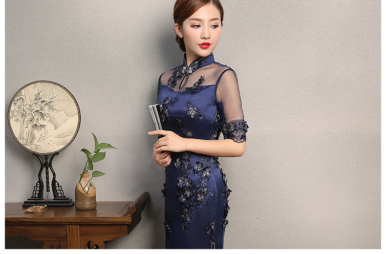 藍色薔薇繡花旗袍，復古蕾絲旗袍裙