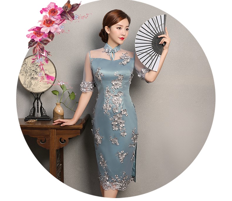 藍色薔薇繡花旗袍，復古蕾絲旗袍裙