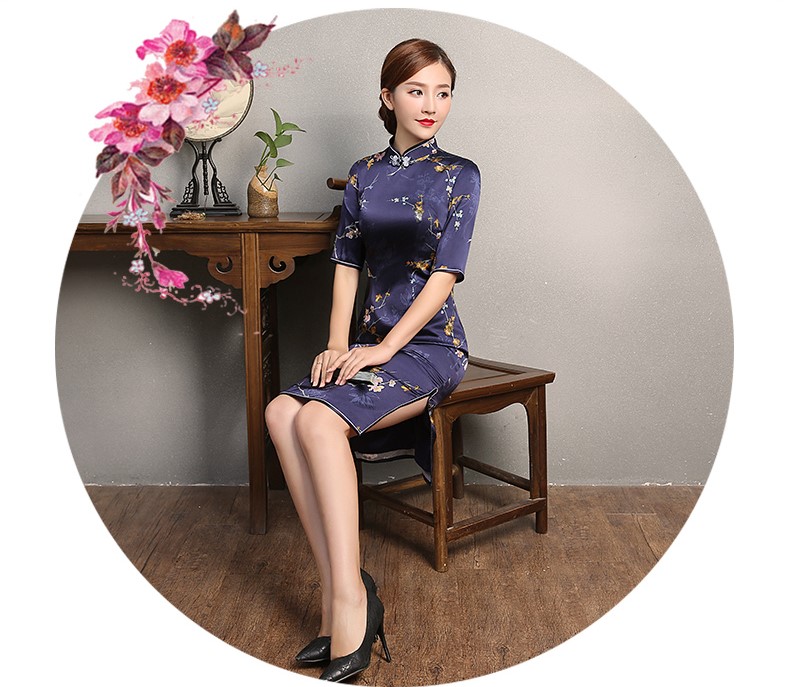 藍(lán)紫色印花旗袍，復(fù)古中袖旗袍裙
