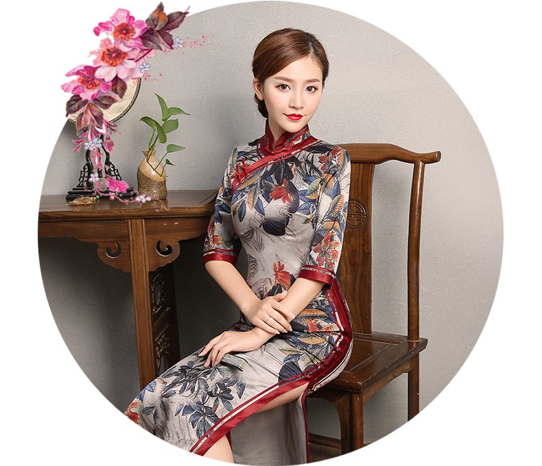 復古典雅旗袍，中袖浪漫印花旗袍裙