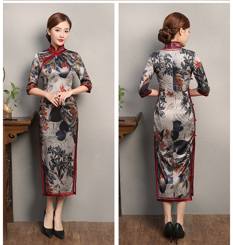 復古典雅旗袍，中袖浪漫印花旗袍裙