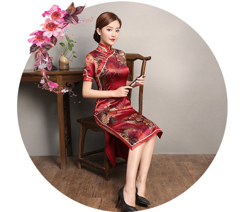 紅色復古風情旗袍，短袖印花旗袍裙