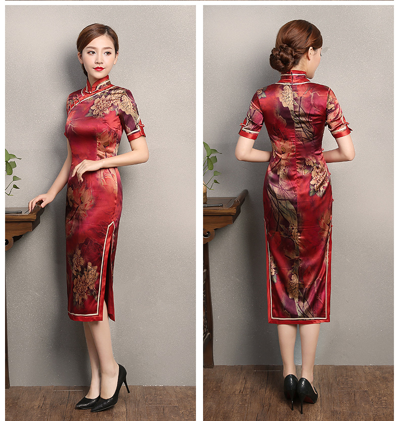 紅色復古風情旗袍，短袖印花旗袍裙