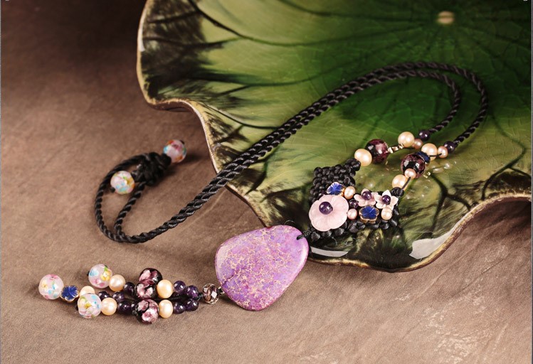 珍珠紫水晶石頭吊墜毛衣鏈，復(fù)古民族風(fēng)項鏈