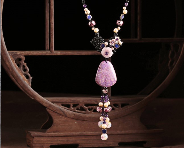 珍珠紫水晶石頭吊墜毛衣鏈，復(fù)古民族風(fēng)項鏈