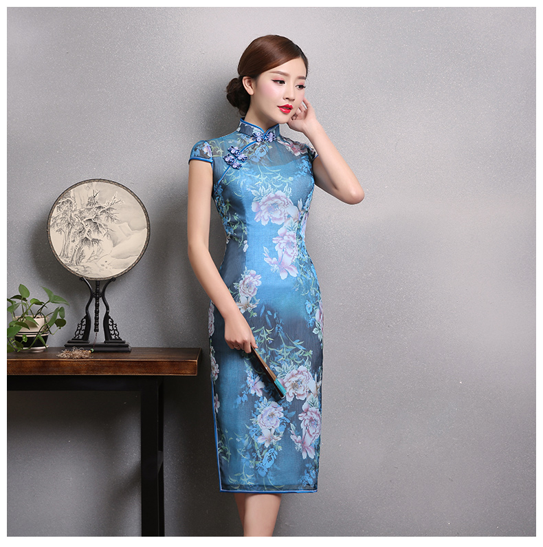 典雅藍色印花旗袍，時尚短袖旗袍裙