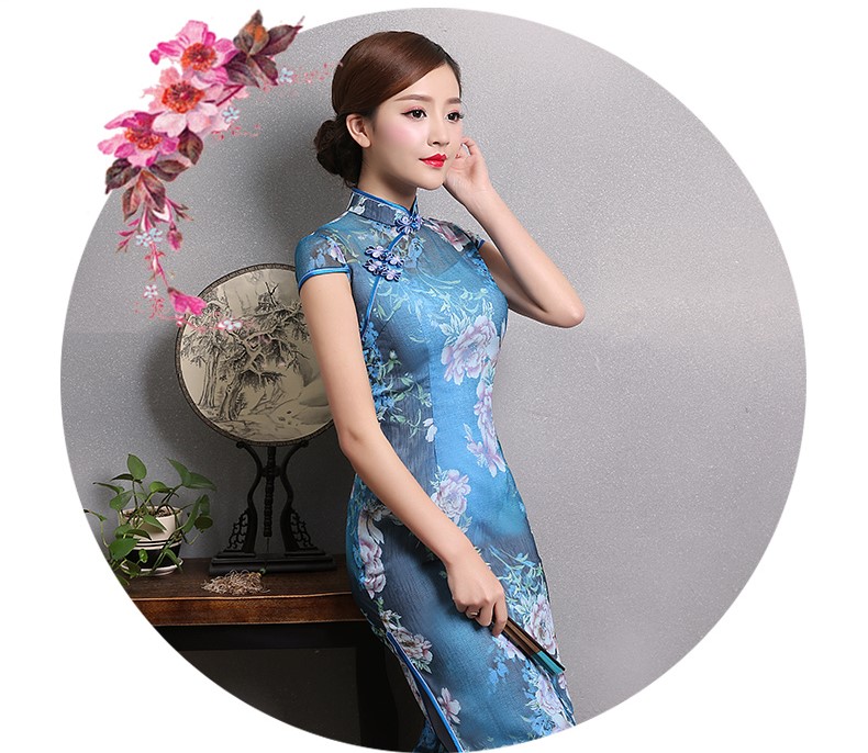 典雅藍色印花旗袍，時尚短袖旗袍裙