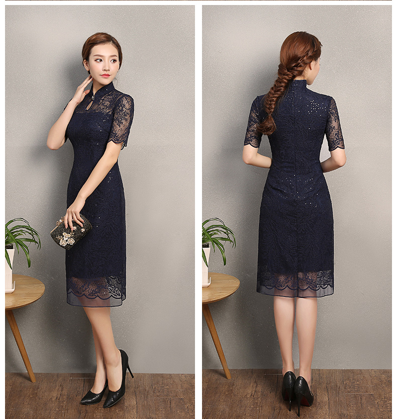 復(fù)古蕾絲繡花亮片旗袍，深藍(lán)色旗袍裙