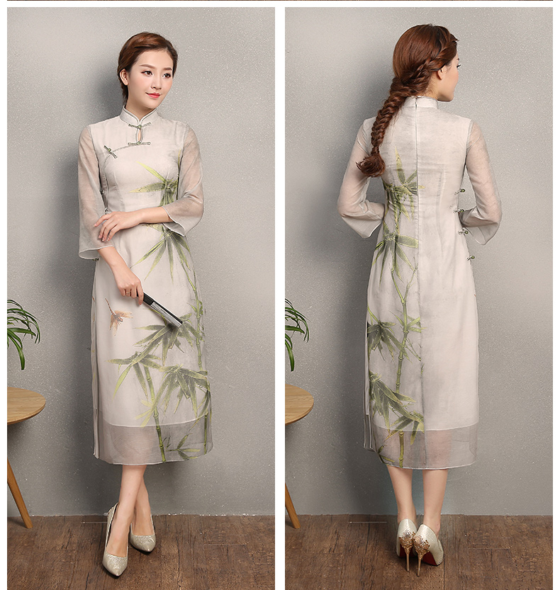 竹軒淡雅旗袍，中袖改良奧黛風(fēng)旗袍裙