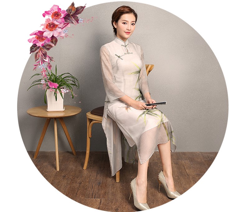 竹軒淡雅旗袍，中袖改良奧黛風(fēng)旗袍裙