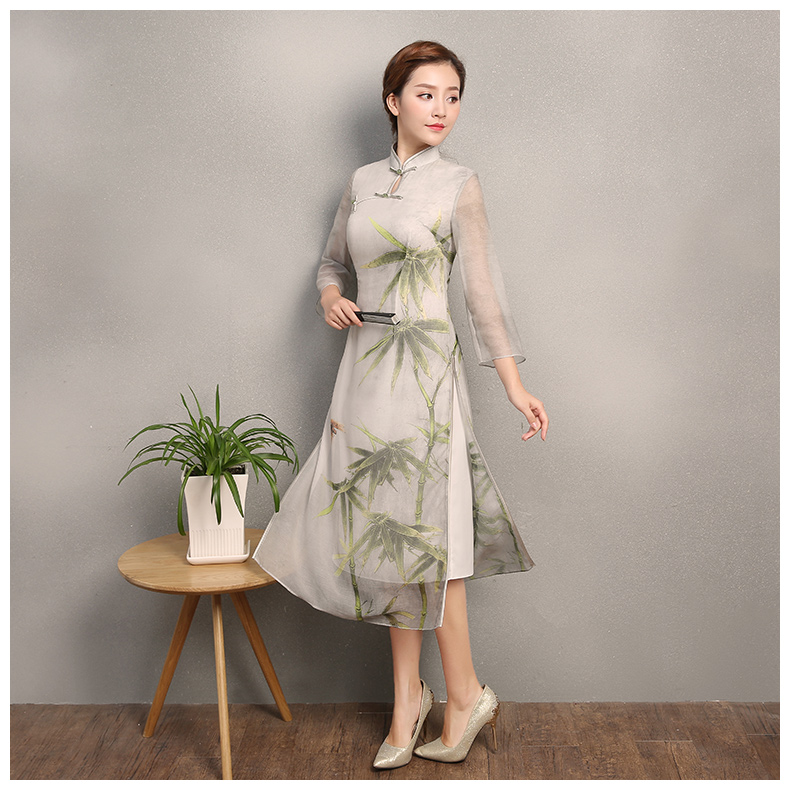 竹軒淡雅旗袍，中袖改良奧黛風(fēng)旗袍裙