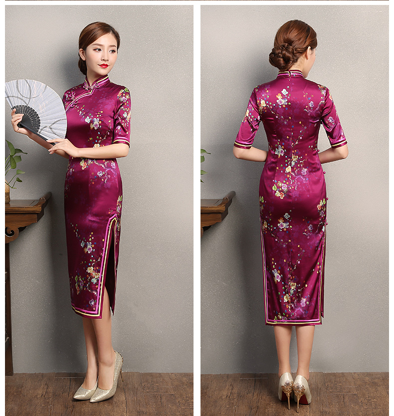 玫紅色印花旗袍，中袖真絲旗袍裙