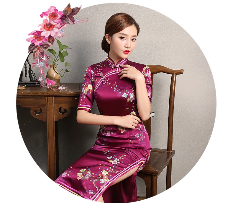 玫紅色印花旗袍，中袖真絲旗袍裙