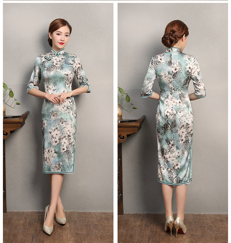 淡青色印花旗袍，芳顏中袖真絲旗袍裙