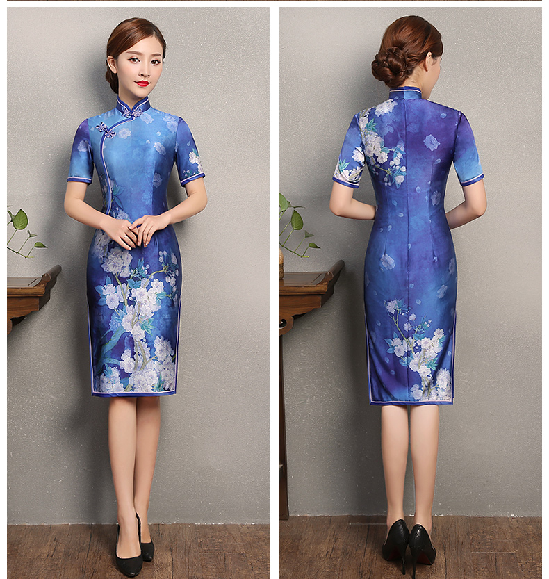藍嬌印花旗袍，復古真絲旗袍裙