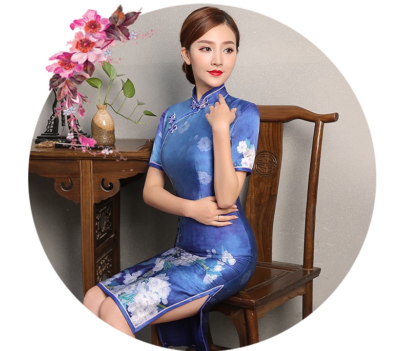 藍嬌印花旗袍，復古真絲旗袍裙