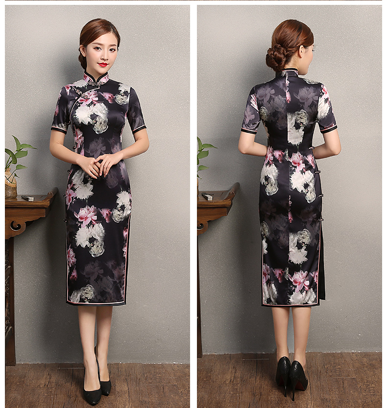 夜雨粉白印花旗袍，短袖真絲旗袍裙