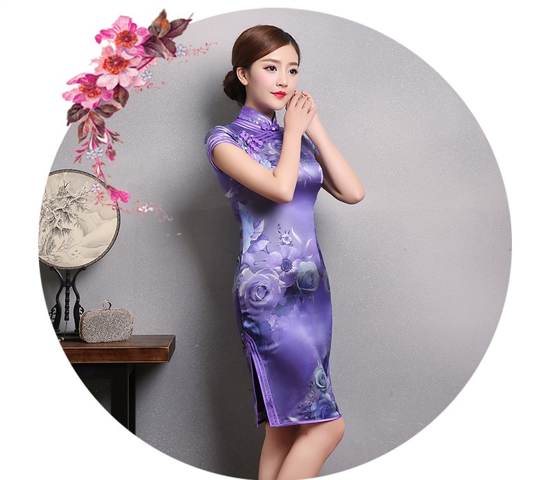 紫玫瑰印花旗袍，短袖三包邊旗袍裙