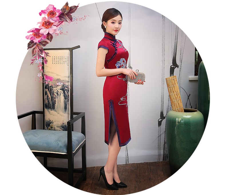 紅色云鳳刺繡旗袍，短袖真絲旗袍裙