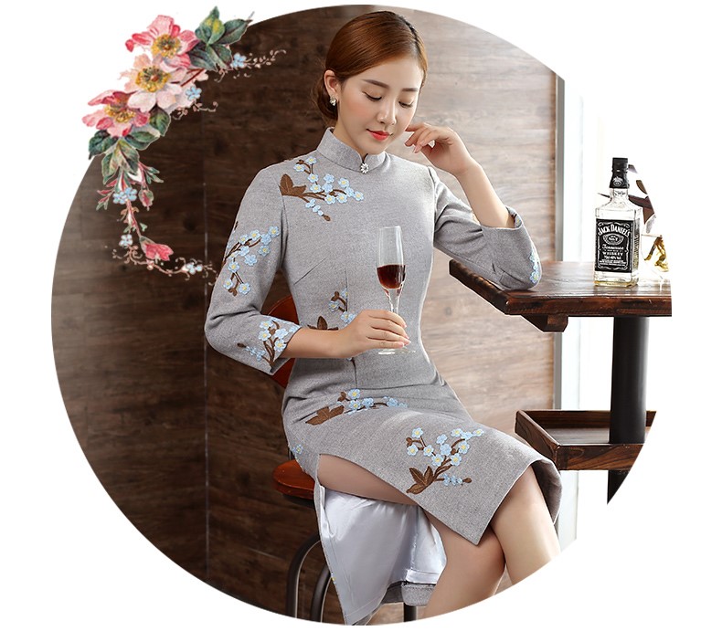 灰色繡花旗袍，復古文藝旗袍裙