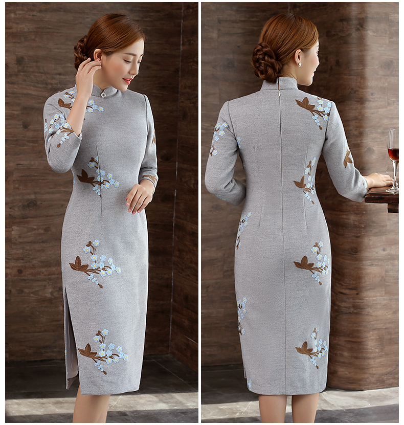 灰色繡花旗袍，復古文藝旗袍裙