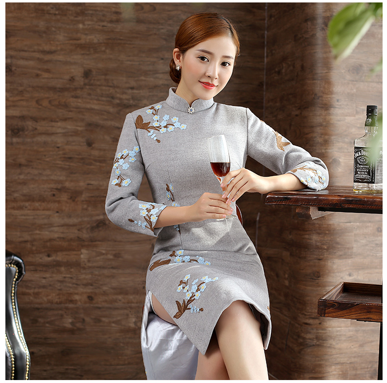 灰色繡花旗袍，復古文藝旗袍裙