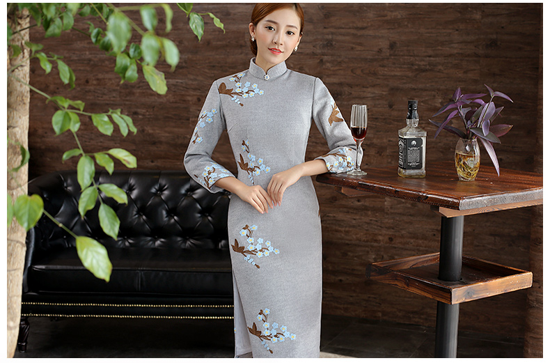 灰色繡花旗袍，復古文藝旗袍裙