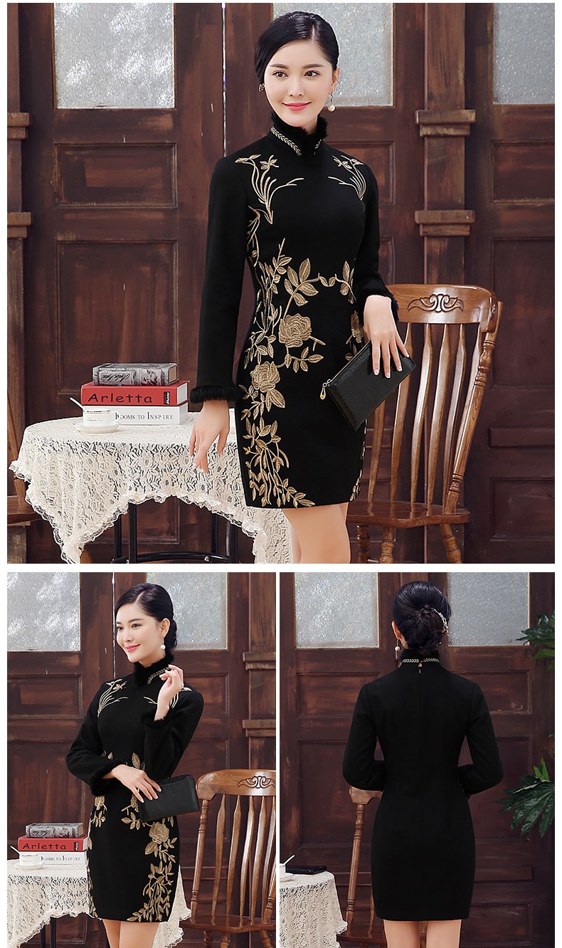 黑色麥穗繡花旗袍，加厚短款旗袍裙