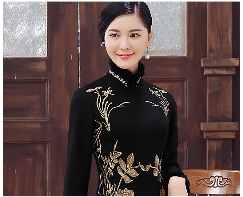 黑色麥穗繡花旗袍，加厚短款旗袍裙