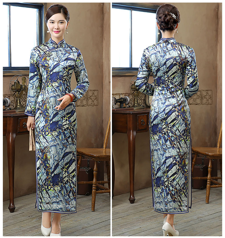 復古晶藍印花旗袍，加厚長款旗袍裙