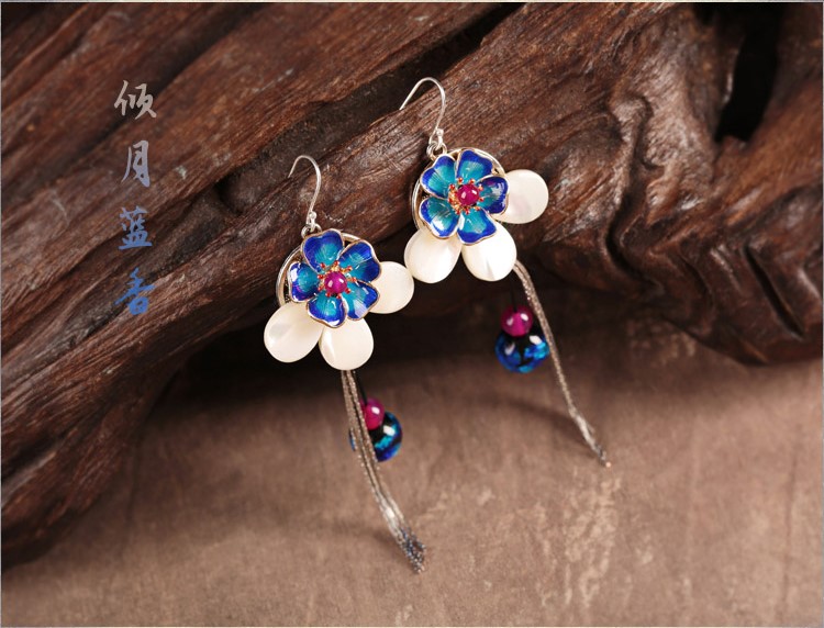 古風景泰藍蝴蝶花朵流蘇耳環(huán)首飾