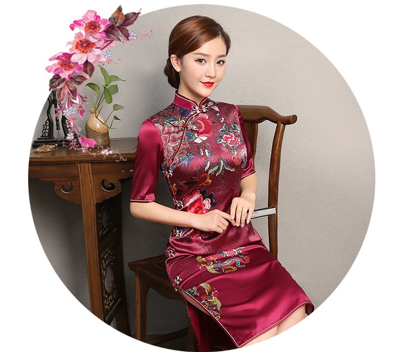 彩鳳印花紅色旗袍，端莊大氣鳳凰牡丹旗袍裙