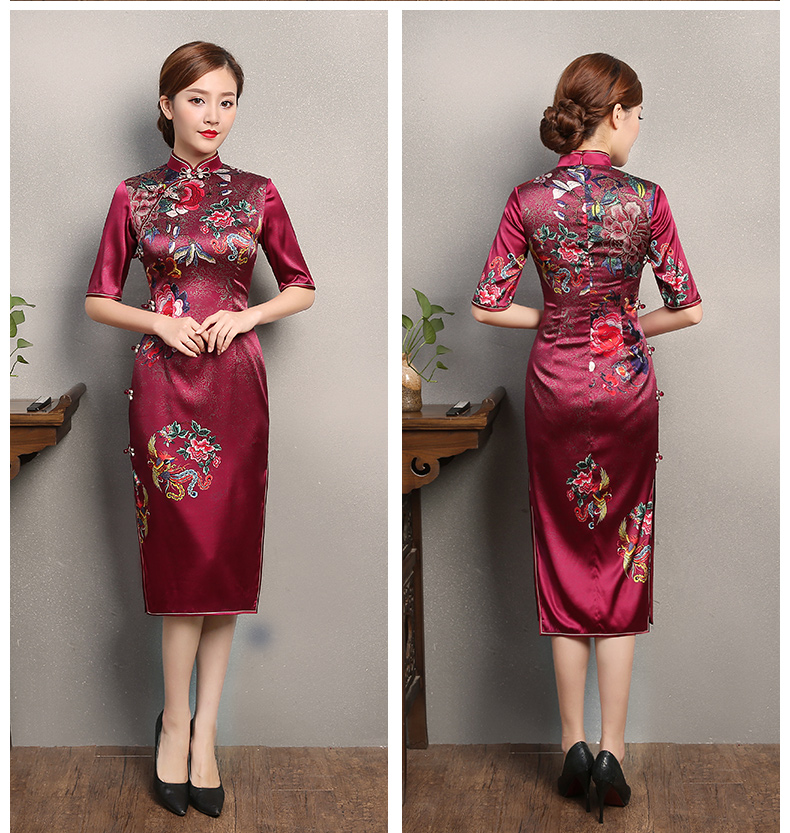 彩鳳印花紅色旗袍，端莊大氣鳳凰牡丹旗袍裙