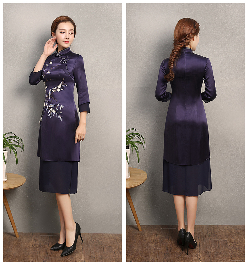 深藍色時尚繡花旗袍，中長款改良旗袍裙