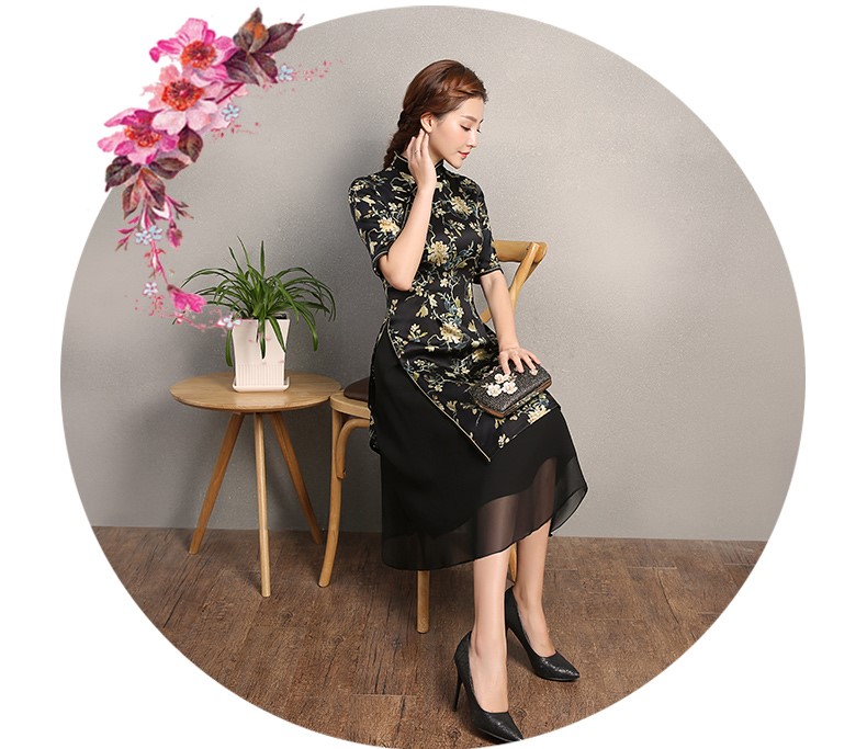 黑色時(shí)尚印黃花旗袍，奧黛旗袍裙