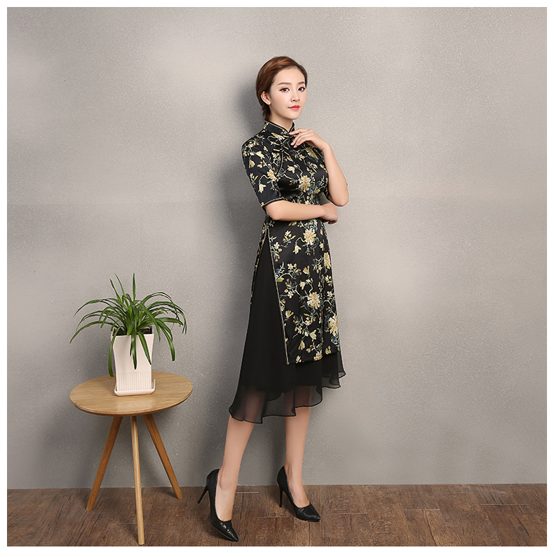 黑色時(shí)尚印黃花旗袍，奧黛旗袍裙