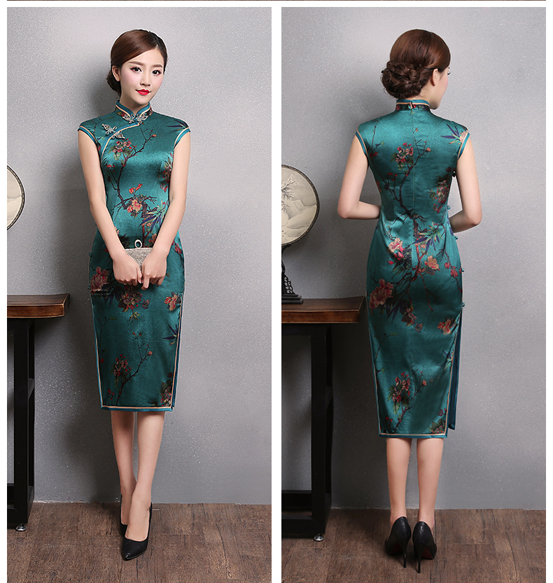 墨綠色印梅花旗袍，短袖真絲旗袍裙