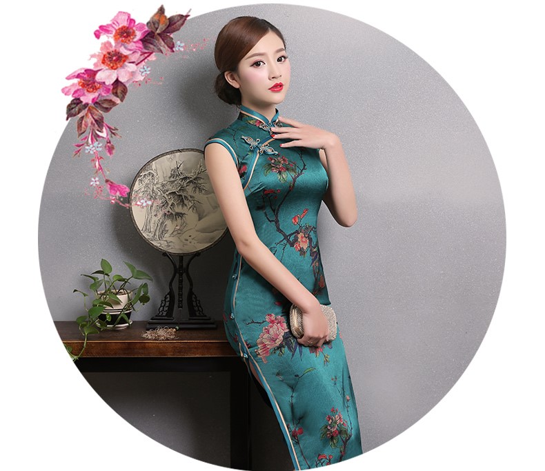 墨綠色印梅花旗袍，短袖真絲旗袍裙