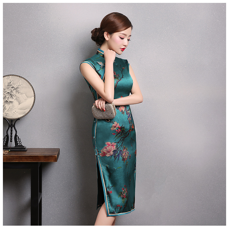 墨綠色印梅花旗袍，短袖真絲旗袍裙