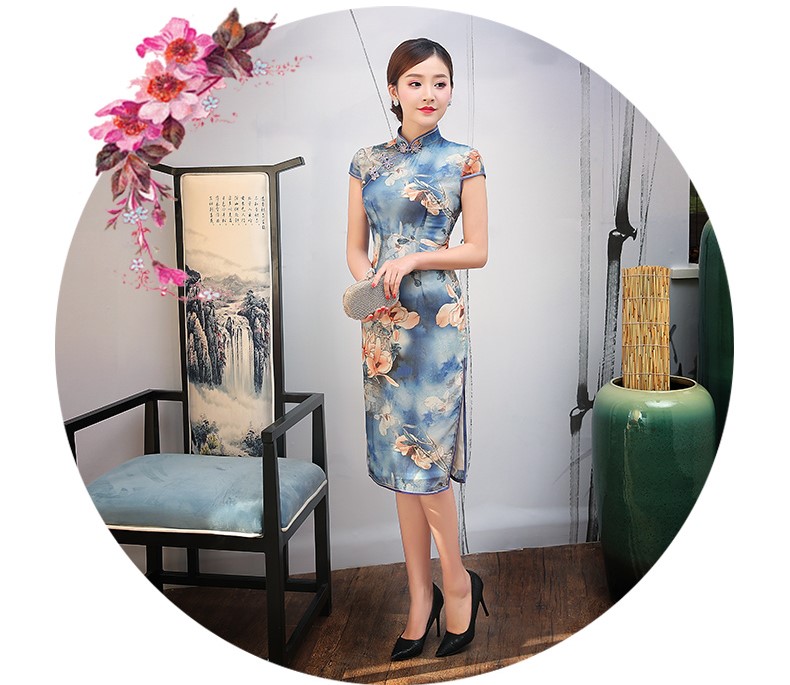 藍(lán)色幽藍(lán)印花旗袍，復(fù)古時尚旗袍裙