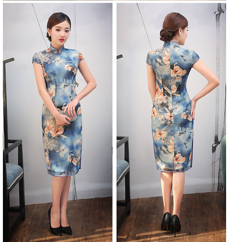 藍(lán)色幽藍(lán)印花旗袍，復(fù)古時尚旗袍裙
