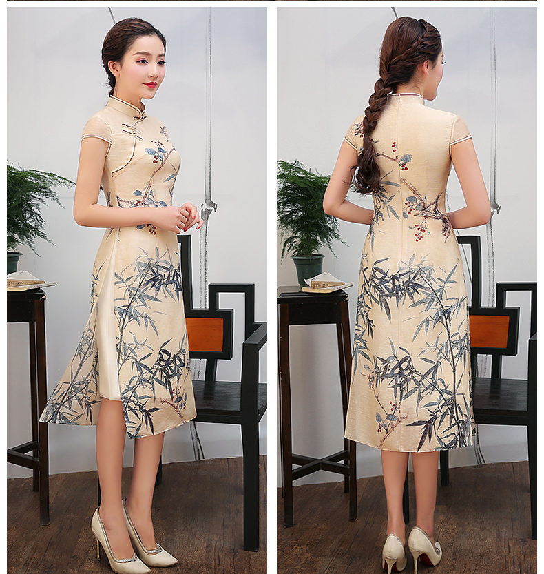 米黃色竹葉印花旗袍，復古淡雅旗袍裙