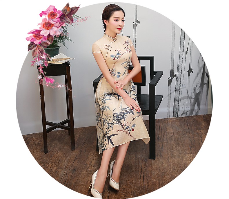 米黃色竹葉印花旗袍，復古淡雅旗袍裙