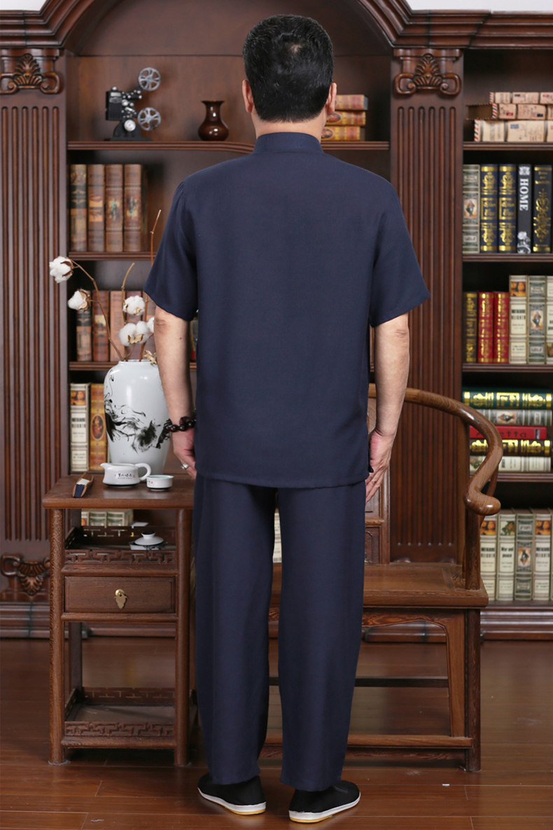 亞麻刺繡短袖棉麻套裝男士唐裝