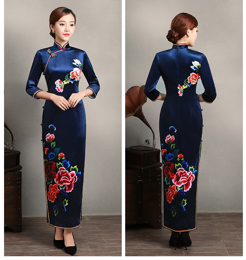 寶石藍(lán)花居旗袍，古典嬌艷旗袍裙