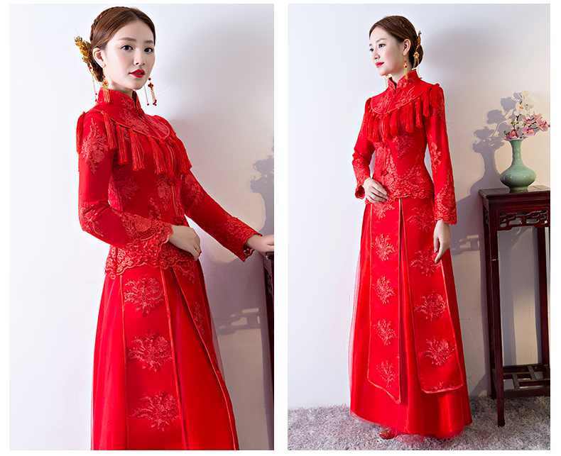 精致蕾絲花紋中式禮服，新娘結(jié)婚禮服