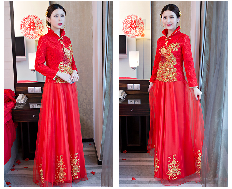 孔雀亮片繡花中式禮服，唯美新娘結(jié)婚禮服