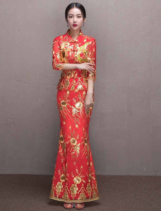 奢華花朵鳳凰刺繡中式禮服，唯美新娘魚尾禮服