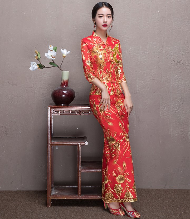 奢華花朵鳳凰刺繡中式禮服，唯美新娘魚尾禮服